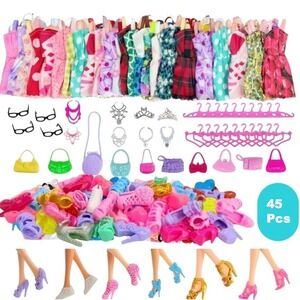 45 Piece Set Fashion Doll Clothing Barbie Style Outfits Accessories Dress Up Lot